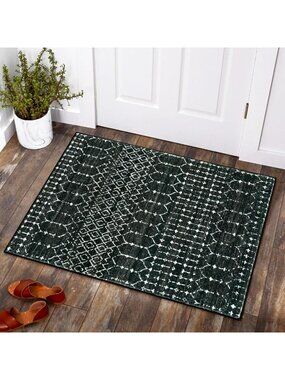 Moroccan Entryway Rug 2x3 - Non-Slip Washable Door Mat, Low-Profile Geometric